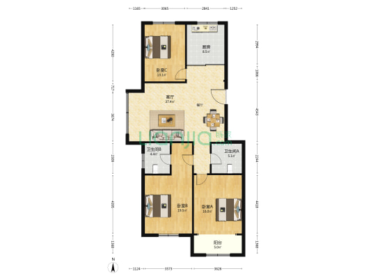 荔园 3室1厅2卫 136平方