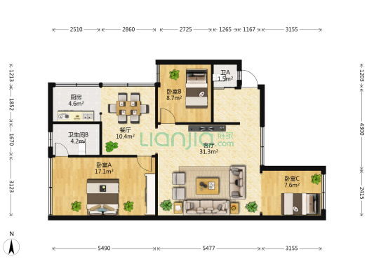 西昌路124号 3室2厅2卫 89平方