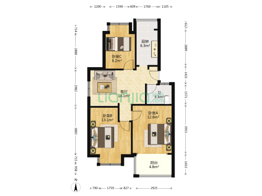 钟盈新村 3室1厅1卫 75平方