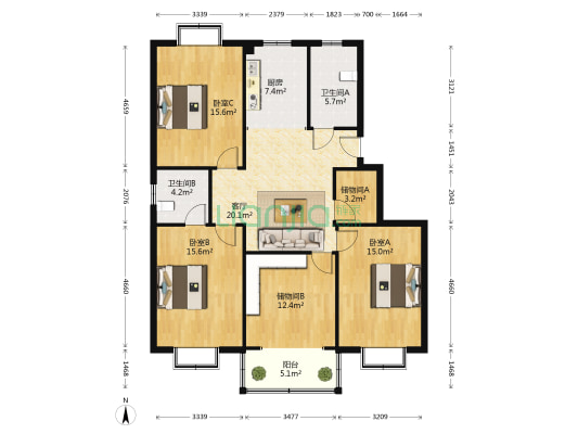 春雷嘉苑 3室1厅2卫 125平方