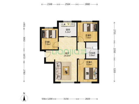 中海四信公寓 3室1厅1卫 91平方
