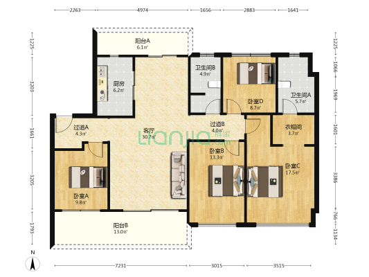 麓湖熙华天玺北区 4室1厅2卫 155平方