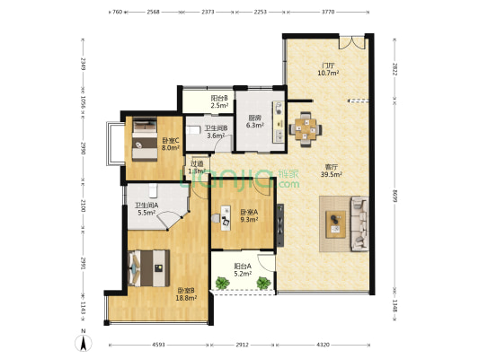 海月花园三期 3室1厅2卫 124平方