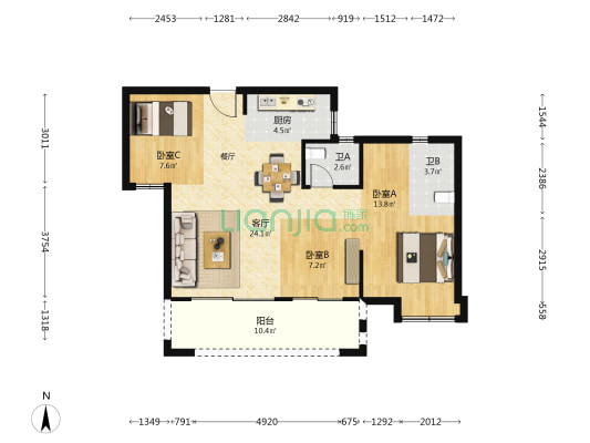 恒宇观湖花园 3室1厅2卫 95平方
