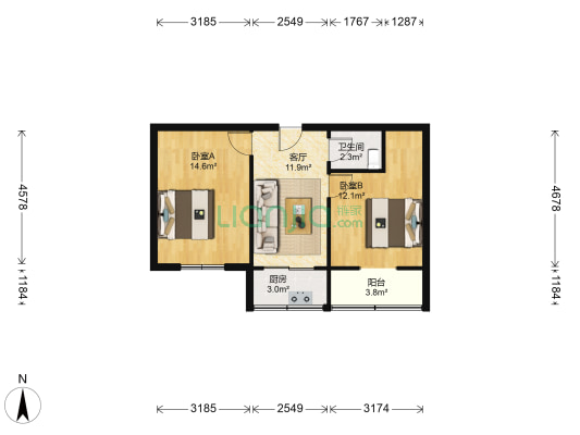 钟研所小区 2室1厅1卫 53平方