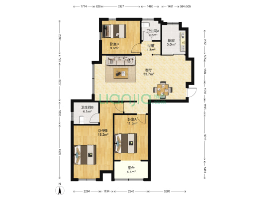 鑫景湾 3室1厅2卫 121平方