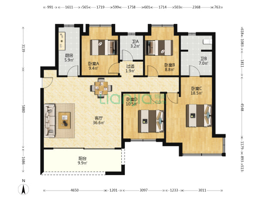 江山云著 4室1厅2卫 141平方