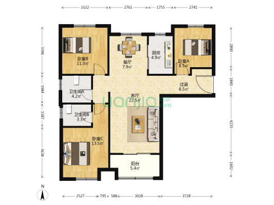 保利天禧园三区 3室2厅2卫 127平方
