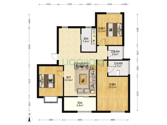 阳光四季 3室1厅2卫 98平方