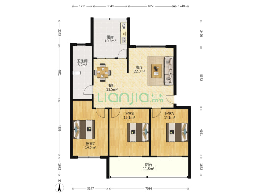 世纪路92号 3室2厅1卫 120平方