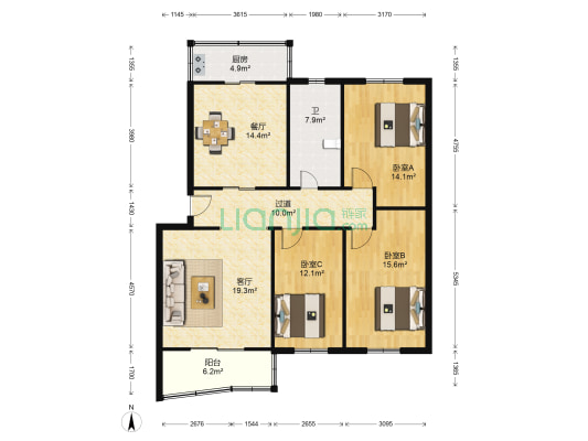 天元花园 3室2厅1卫 129平方