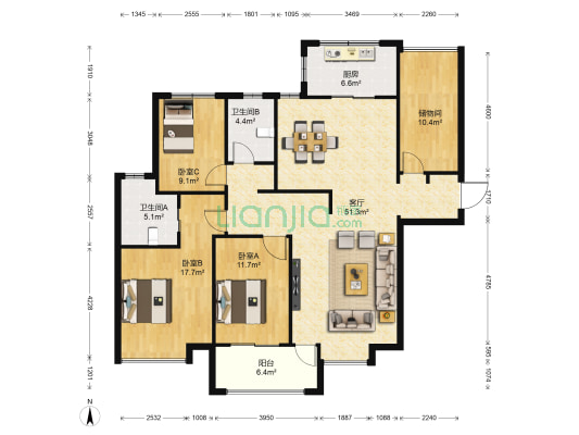 金基汇锦国际凌江府 3室1厅2卫 138平方