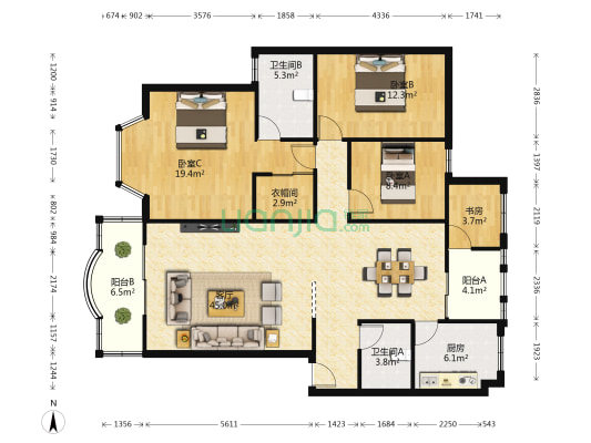 北辰小区茶花苑 4室1厅2卫 131平方