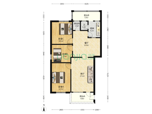 南三街7号小区 3室2厅2卫 89平方