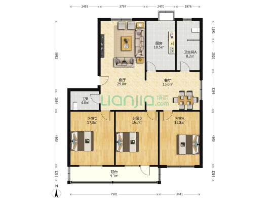 廉材胡同房产家属楼 3室2厅2卫 151平方