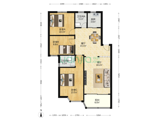 蛇口统建楼 3室2厅2卫 100平方