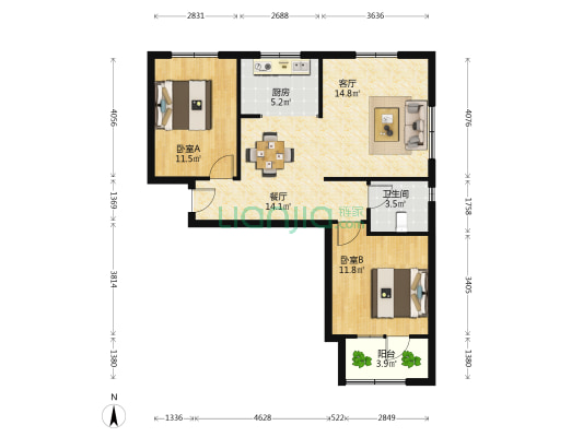 华融府 2室2厅1卫 96平方
