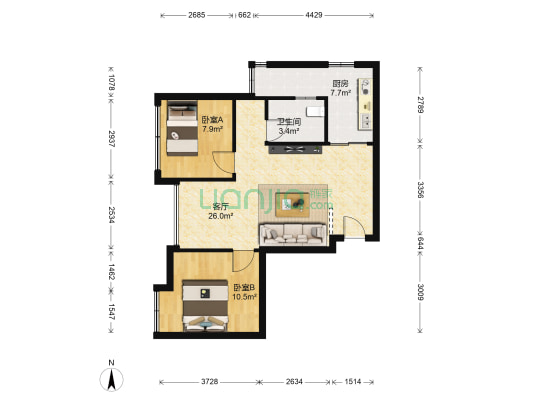 法蓝西莊邸枫丹里 2室1厅1卫 66平方