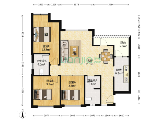 中铁丽景书香 3室1厅2卫 88平方