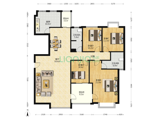 和景园 4室1厅2卫 171平方