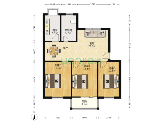 机关住宅楼 3室1厅1卫 93平方