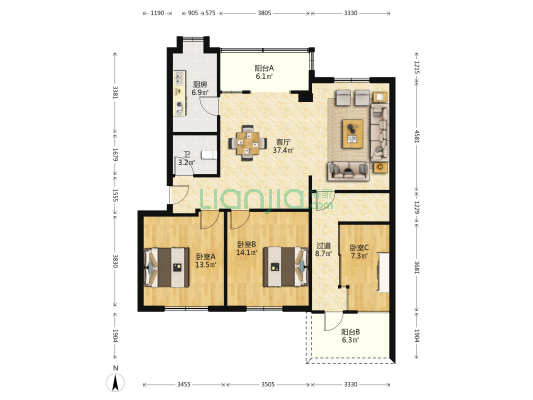 沿河东路10号 3室1厅1卫 119平方