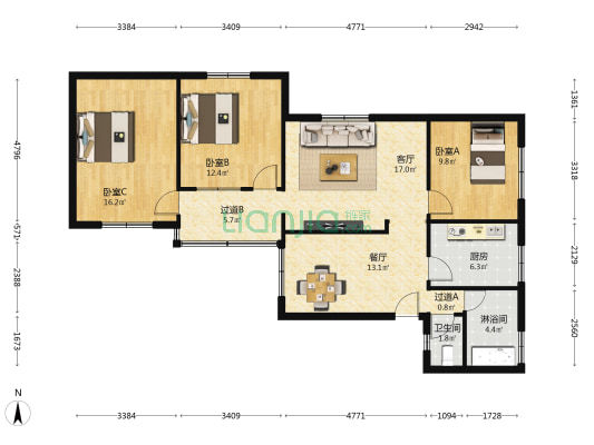 民政小区 3室2厅2卫 116平方
