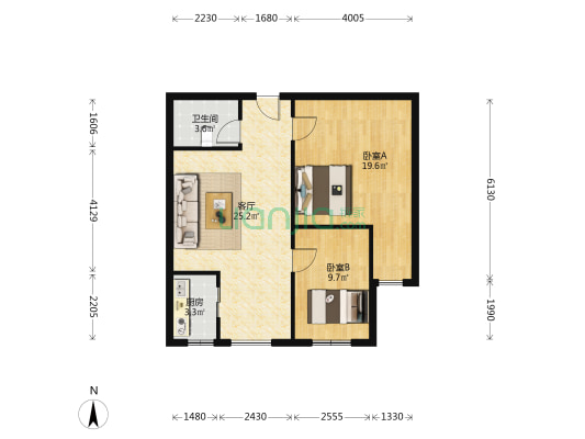钻石商圈集中供暖全南两居出行购物方便-户型图