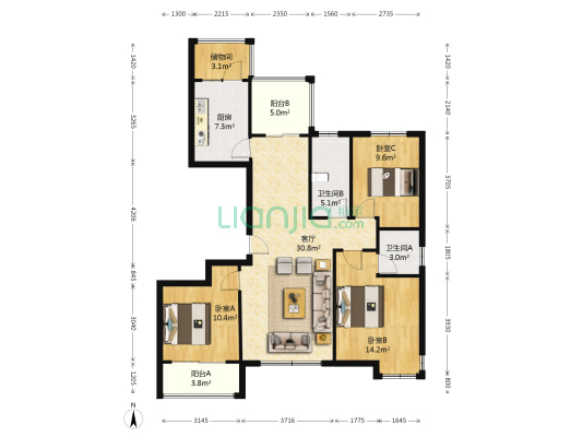 翠堤湾 3室1厅2卫 131平方