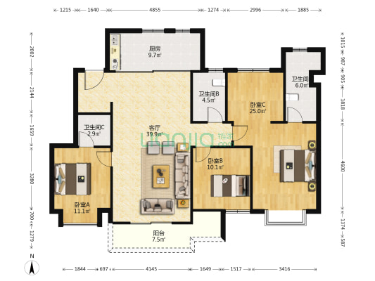 信义山水嘉庭 3室1厅3卫 149平方