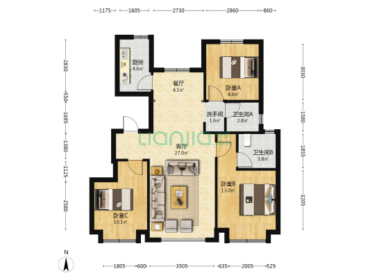 泽信拾光名著 3室2厅3卫 108平方