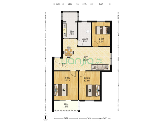海花新城南苑 3室2厅1卫 101平方