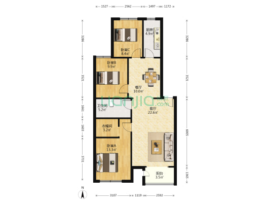 景泰家园 3室2厅1卫 106平方