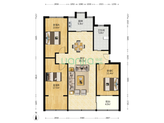 空港花苑 3室1厅1卫 105平方