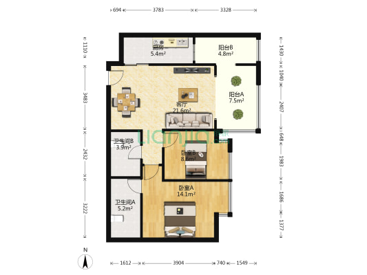 星雅俊园 2室1厅2卫 85平方