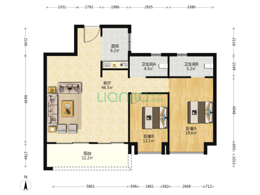 天筑郦城 2室1厅2卫 130平方