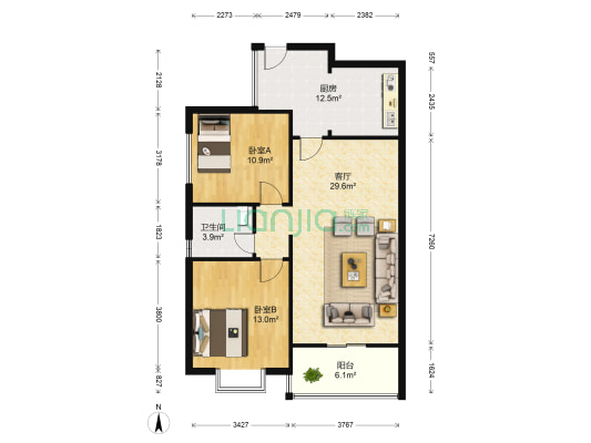 置信逸都丹郡A区 2室1厅1卫 91平方