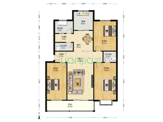 正大家园 3室2厅3卫 160平方