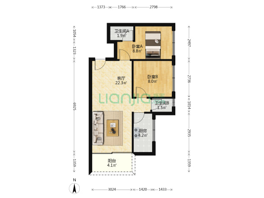 新苑花园 2室1厅2卫 70平方