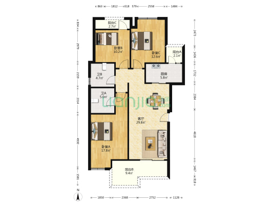 远洋合能枫丹江屿 3室1厅2卫 113平方