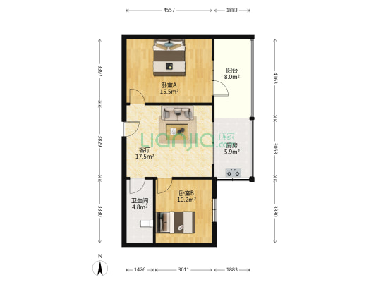 青松路3号 2室1厅1卫 66平方