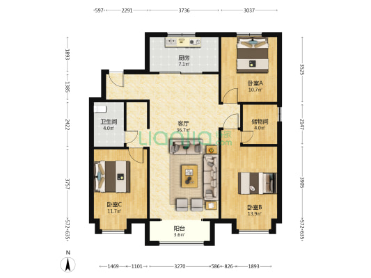 万科未来城二期 3室1厅1卫 126平方