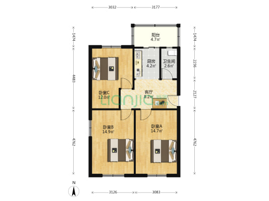 津中里 3室1厅1卫 54平方