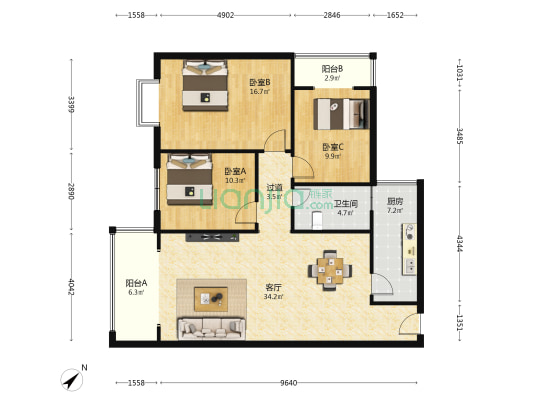 银丰花苑 3室1厅1卫 108平方