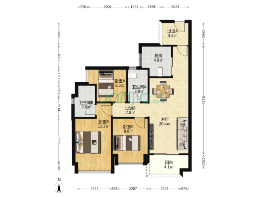 金茂万科都会四季 3室1厅2卫 88平方