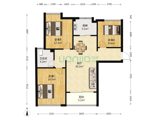 阳光水世界四期 3室1厅1卫 85平方