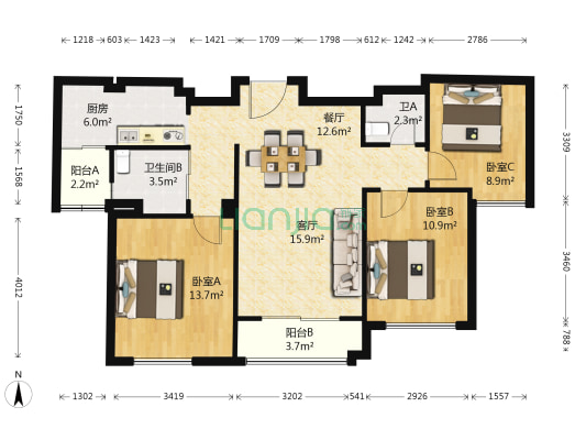 华鸿中央公园 3室2厅2卫 89平方