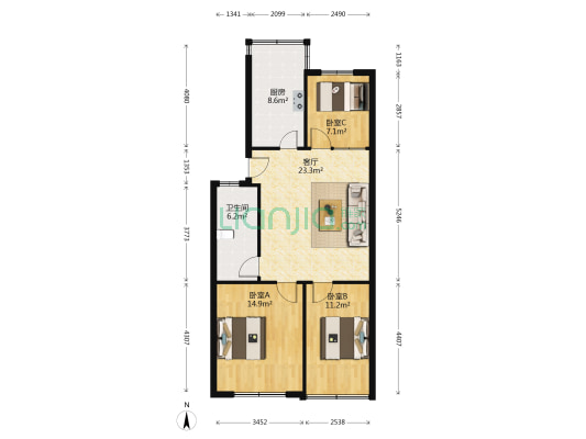 金日小区 3室1厅1卫 91平方