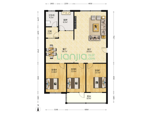 华都花苑 3室2厅1卫 134平方