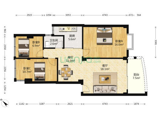 艺景明苑 3室2厅1卫 93平方